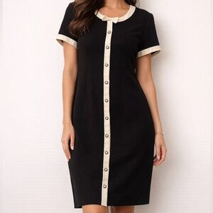 Vintage Talbots Dress 14 Petite Black White Buttons Classic Mod Jackie O